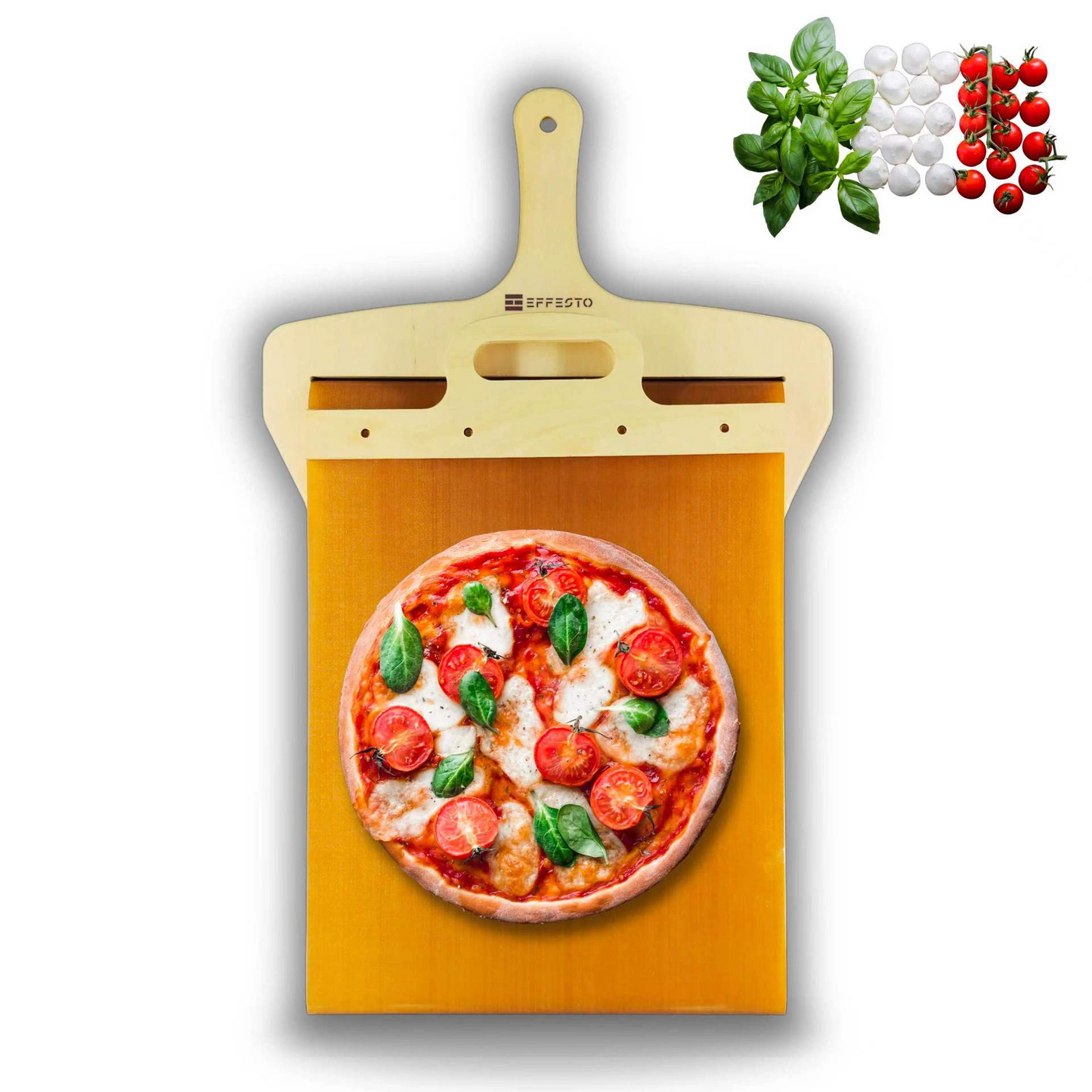 Top view of round handy pizza baking tray with pizza slice