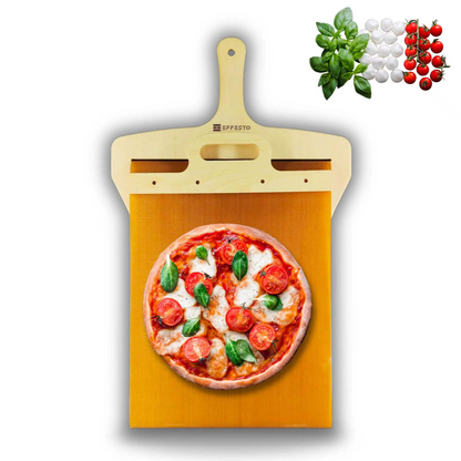 Top view of round handy pizza baking tray with pizza slice